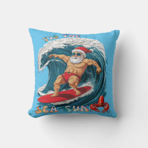 Tis The Sea-Sun - Surfing Santa Cushion
