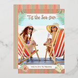 'Tis The Sea-sun Tropical Beach Summer Christmas<br><div class="desc">'Tis The Sea-sun Tropical Beach Summer Christmas Cards Foil Holiday Cards features your favourite photo surrounded by a fun beach themed frame of flip flops, palm leaves and flowers with a slightly retro vintage vibe with real foil accents. Personalise the fun modern hand lettered script typography by editing the text...</div>