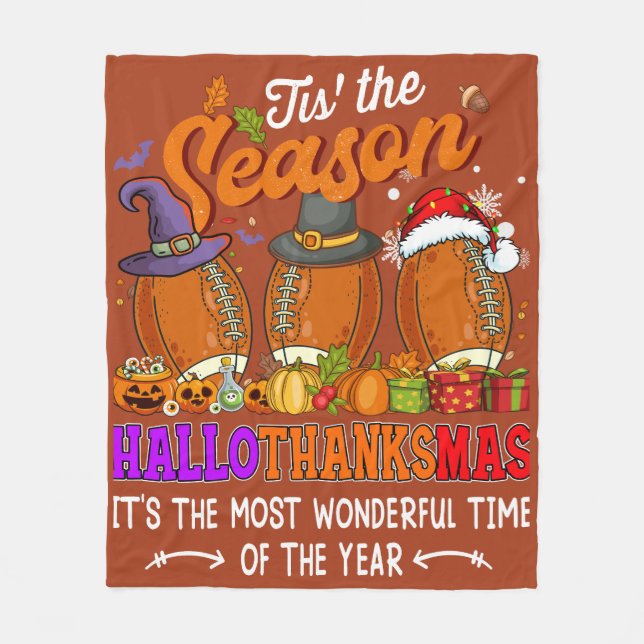 'Tis the Season Autumn Fall Thanksgiving Football Fleece Blanket (Front)