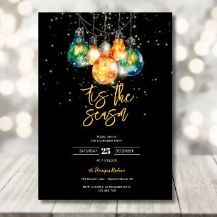Tis the season, black, christmas lights party invitation