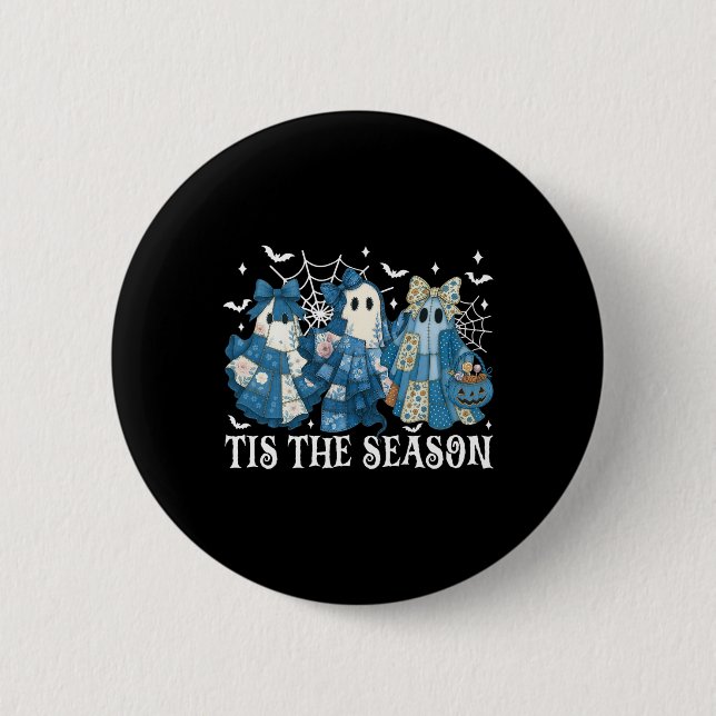 Tis The Season Blue Patchwork Ghost Pumpkin Spooky 6 Cm Round Badge (Front)