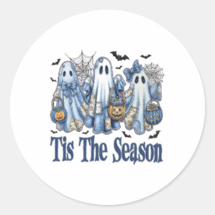 Tis The Season Blue Patchwork Ghost Pumpkin Spooky Classic Round Sticker