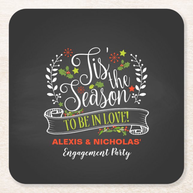 Tis the Season Christmas/Holiday Engagement Square Paper Coaster (Front)
