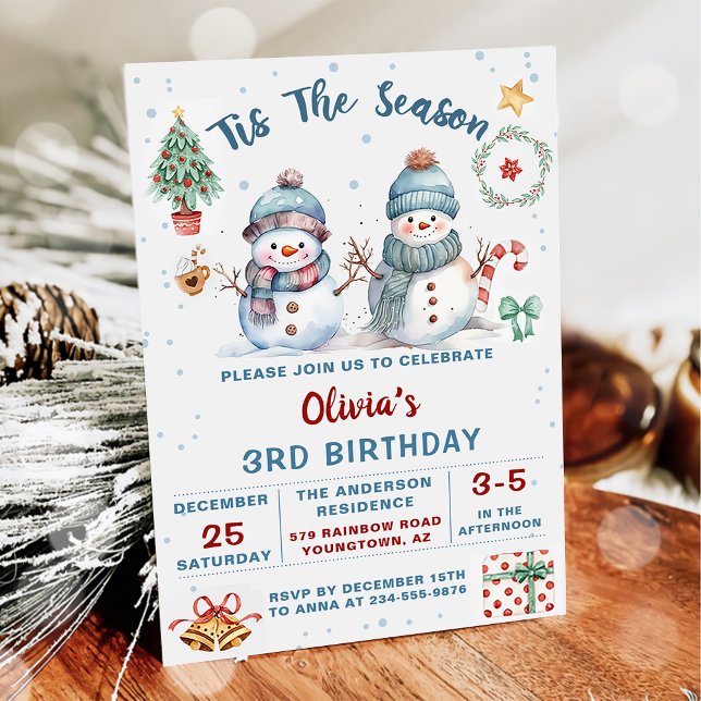 Tis The Season Christmas Holiday Snowman Birthday Invitation (Creator Uploaded)