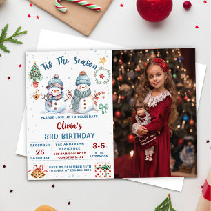 Tis The Season Christmas Snowman Birthday Photo  Invitation
