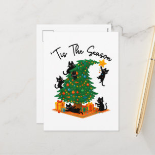 Tis The Season Christmas Tree Cute Black Cat Holiday Postcard