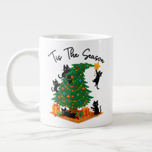 Tis The Season Christmas Tree Cute Black Cat Large Coffee Mug