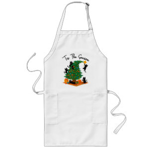Tis The Season Christmas Tree Cute Black Cat Long Apron