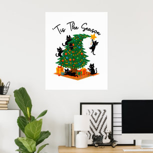 Tis The Season Christmas Tree Cute Black Cat Poster