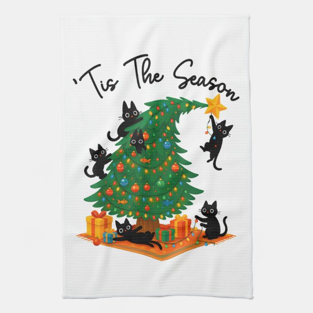 Tis The Season Christmas Tree Cute Black Cat Tea Towel (Vertical)
