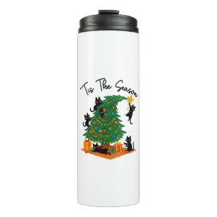 Tis The Season Christmas Tree Cute Black Cat Thermal Tumbler