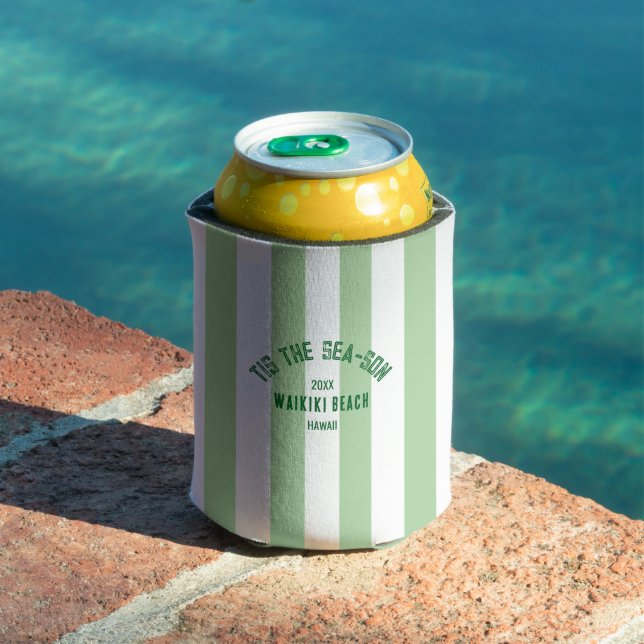 Tis The SeaSon Custom Beach Christmas Green Stripe Can Cooler (In Situ Pool)