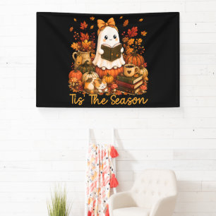 Tis The Season Cute Ghost Reading Book Autumn Banner