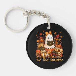 Tis The Season Cute Ghost Reading Book Autumn Key Ring