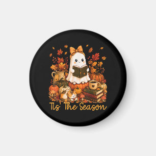 Tis The Season Cute Ghost Reading Book Autumn Magnet
