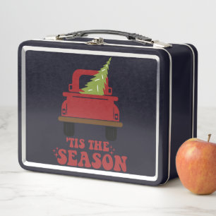 Tis The Season Cute Retro Pine Christmas Tree Fami Metal Lunch Box