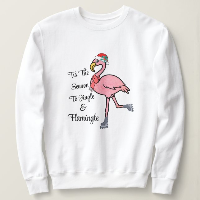 Tis The Season, Cute Skating Flamingo with Wreath Sweatshirt (Design Front)