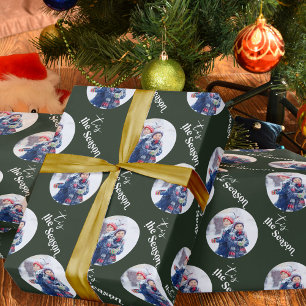 Tis the Season Elegant Lettering Round Photo Green Wrapping Paper