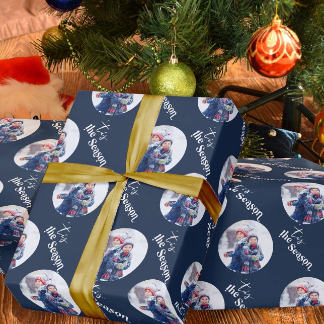 Tis the Season Elegant Typography Round Photo Blue Wrapping Paper (Creator Uploaded)