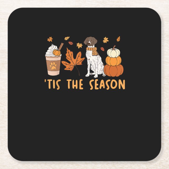 Tis The Season German Shorthaired Dog Fall Pumpkin Square Paper Coaster (Front)