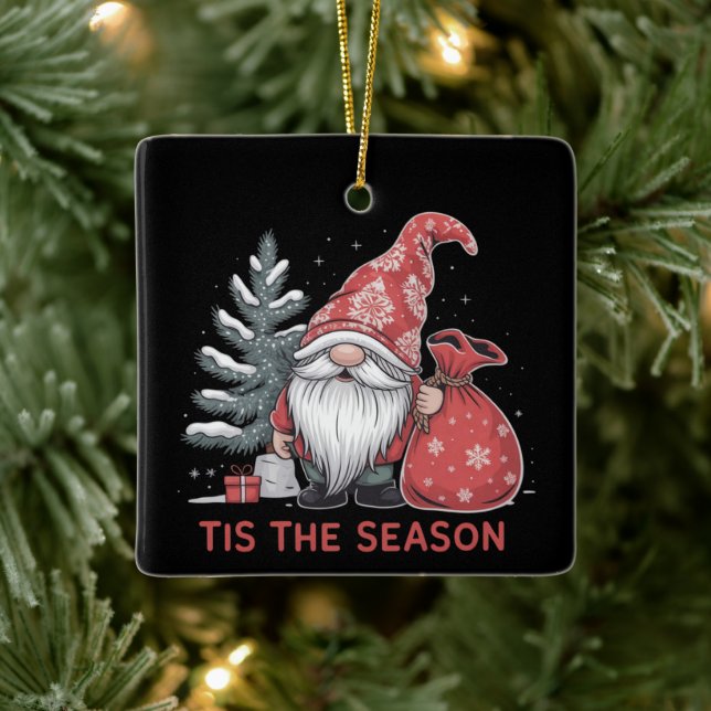 Tis The Season Gnome Christmas Holiday Winter Ceramic Ornament (Tree)
