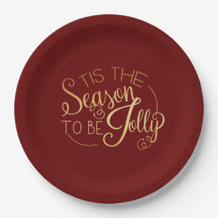 ‘‘Tis the Season” Gold Script Red Elegant Mo Paper Plate