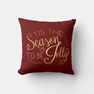 ‘‘Tis the Season” Gold Script Red Fancy Elegant Cushion