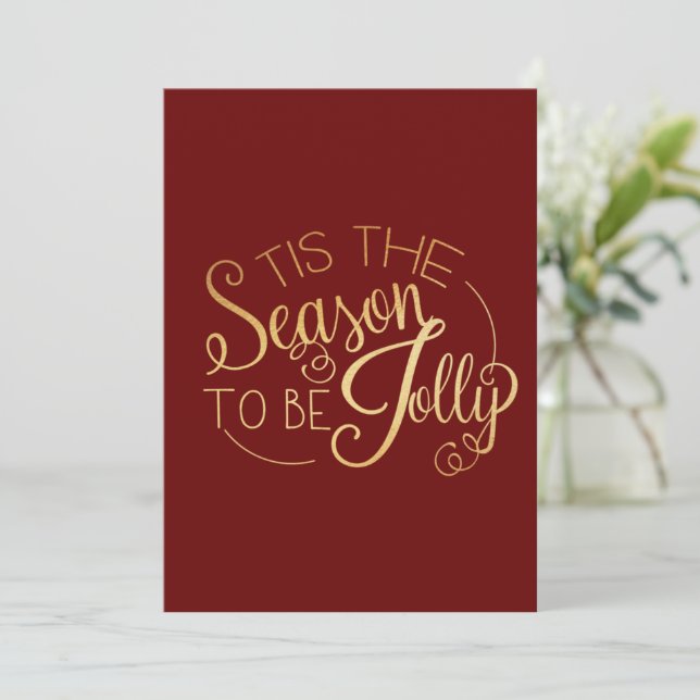 ‘‘Tis the Season” Gold Script Red Personalised Holiday Card (Standing Front)