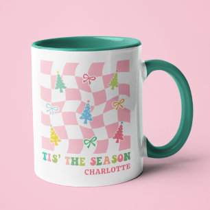 Tis The Season Groovy Pink Coquette Christmas Name Mug