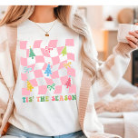 Tis The Season Groovy Pink Coquette Christmas Tri-Blend Shirt<br><div class="desc">Tis The Season Groovy Pink Retro Coquette Christmas Festive Holiday Tri-Blend Shirt features the text "Tis The Season" in modern script typography accented with Christmas trees and bows on a pink chequerboard. Perfect for Christmas gifts,  Christmas parties and holiday celebrations,  birthdays and more. Created by Evco Studio www.zazzle.com/store/evcostudio</div>