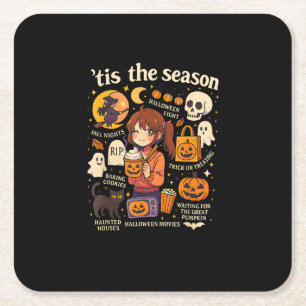 Tis The Season Halloween Anime Icons Fall Design Square Paper Coaster