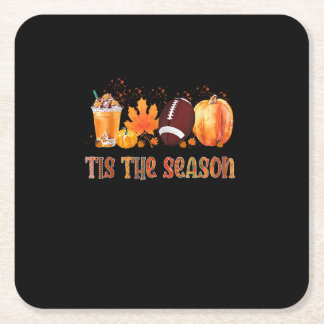 Tis The Season Leopard Pumpkin Football Halloween Square Paper Coaster