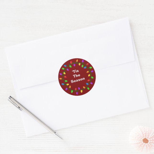 Tis The Season Light Wreath Red Classic Round Sticker (Envelope)