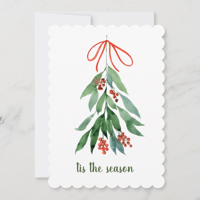 tis The season Mistletoe watercolor Christmas Holi Holiday Card (Front)