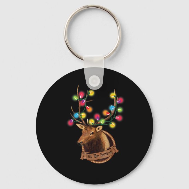 Tis The Season Mounted Reindeer With Christmas Lig Key Ring (Front)