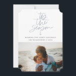'Tis The Season Nautical Theme Holiday Photo<br><div class="desc">Modern dusty blue signature script " 'tis the season",  holiday photo card. Card features single front photo template with watercolor anchor accent and navy blue stripe pattern backing for a seaside themed holiday.</div>