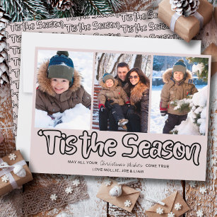 Tis the Season Outline Lettering 3 Vertical Photo  Holiday Card