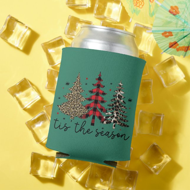 "Tis the Season" Plaid Leopard Christmas Trees Can Cooler (In Situ Summer)