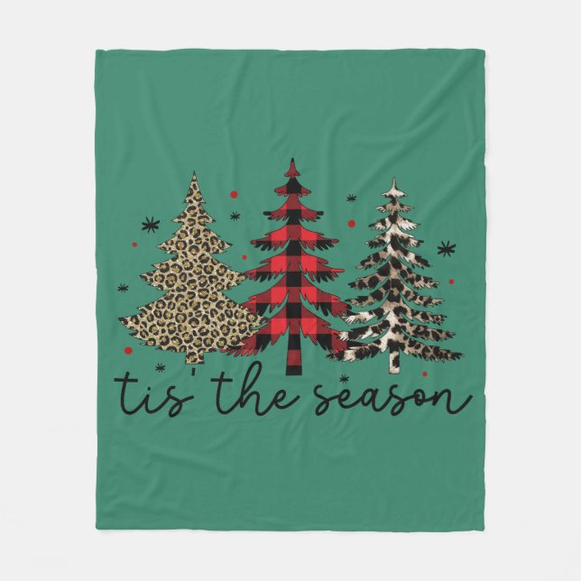 "Tis the Season" Plaid Leopard Christmas Trees Fleece Blanket (Front)