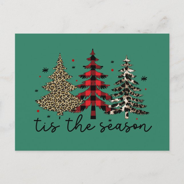 "Tis the Season" Plaid Leopard Christmas Trees Holiday Postcard (Front)