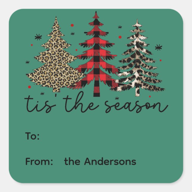 "Tis the Season" Plaid Leopard Christmas Trees Square Sticker (Front)