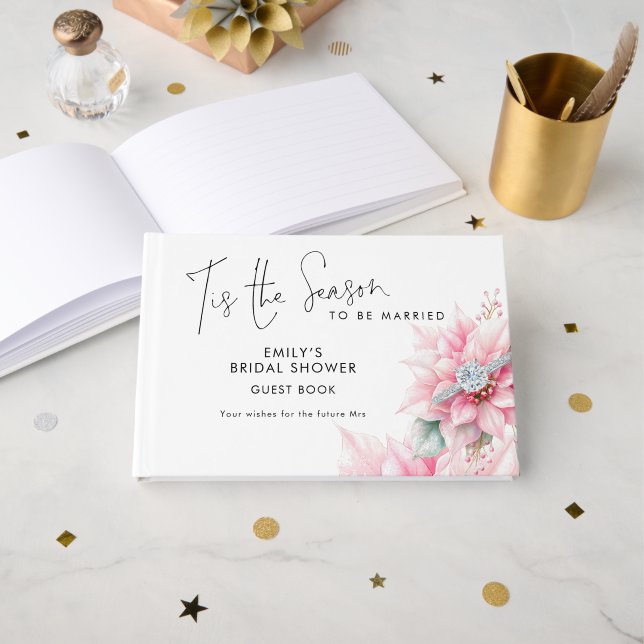 Tis the Season Poinsettia Christmas Bridal Shower Guest Book (Front Open)