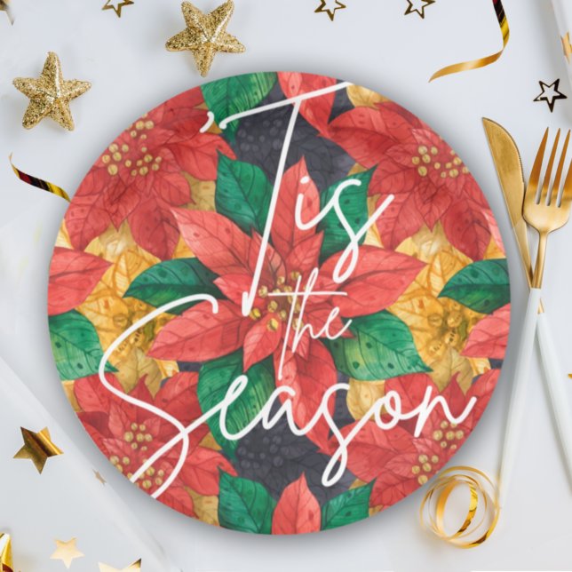 Tis the Season Poinsettia Christmas Holiday Paper Plate (Creator Uploaded)