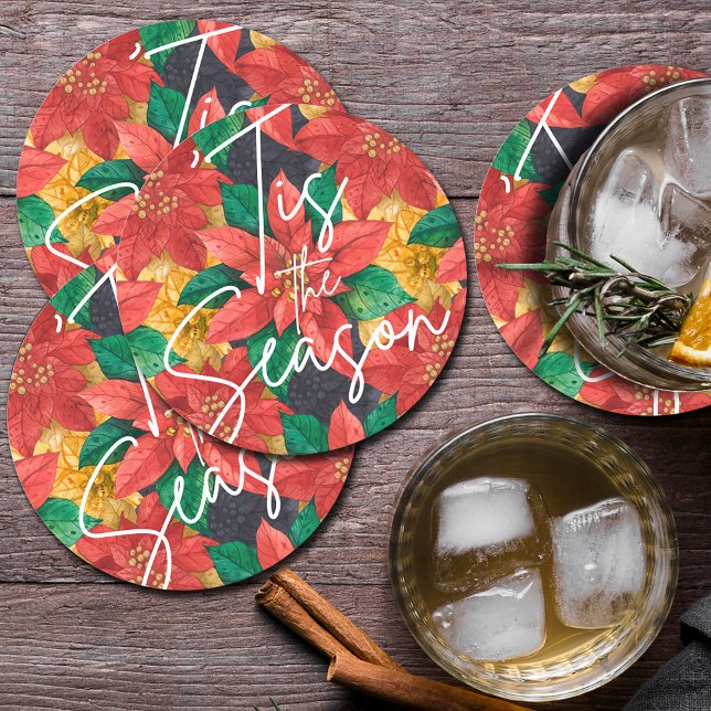 Tis the Season Poinsettia Christmas Holiday Round Paper Coaster (Creator Uploaded)