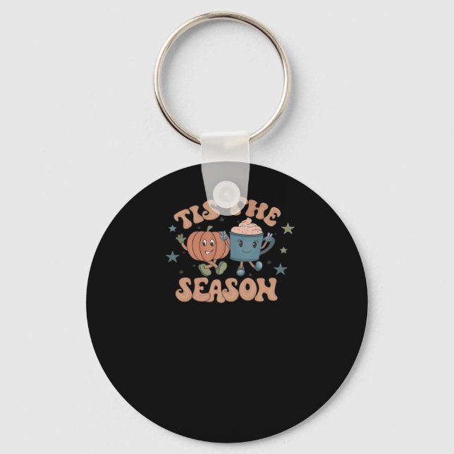 Tis The Season Pumpkin Fall Coffee Retro Key Ring (Front)
