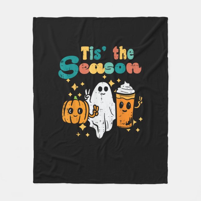 Tis The Season Pumpkin Latte Retro Halloween Fall Fleece Blanket (Front)