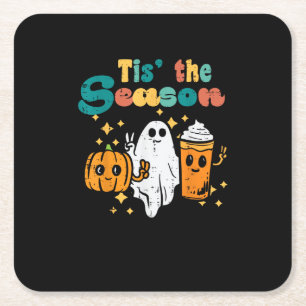 Tis The Season Pumpkin Latte Retro Halloween Fall Square Paper Coaster