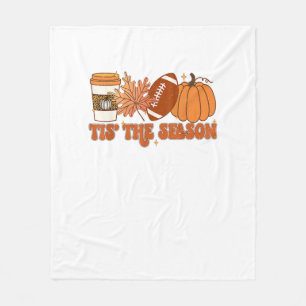 Tis The Season Pumpkin Leaf Thanksgiving Football Fleece Blanket