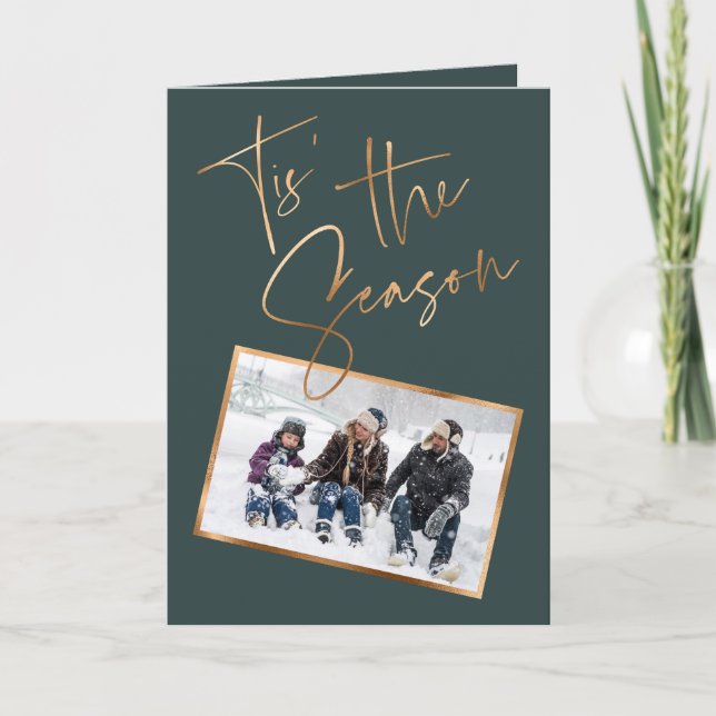 Tis the Season Quote Green Minimal Photo Christmas Card (Front)