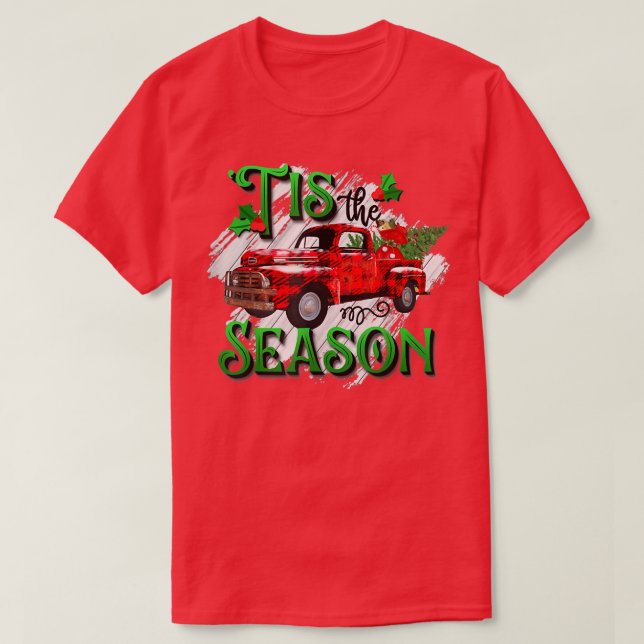 Tis The Season Red Plaid Retro Truck Christmas Xma T-Shirt (Design Front)